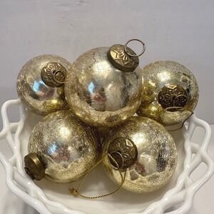 Restoration Hardware Gold Crackle Glass Ball Christmas Ornaments Set of 6 3.5in